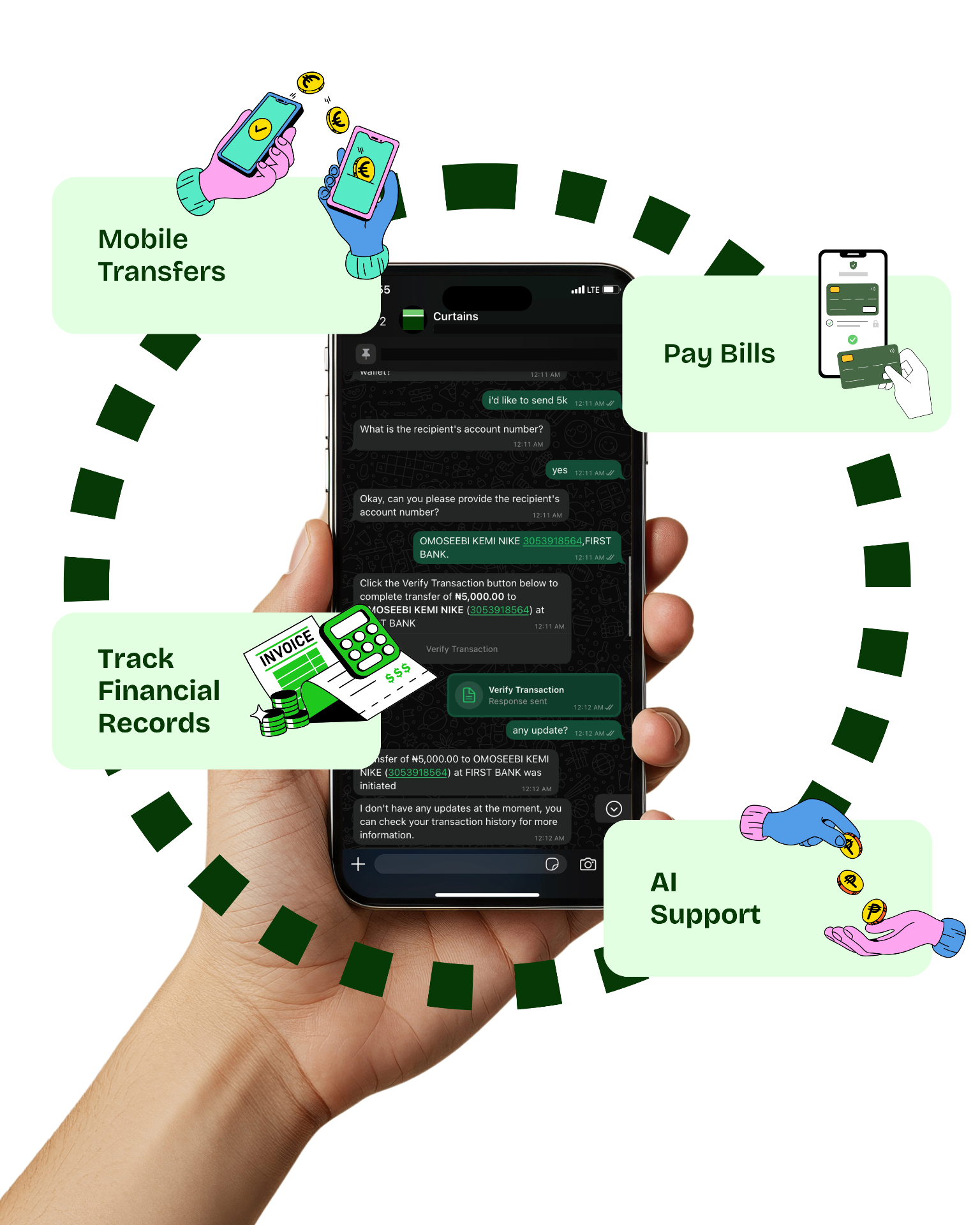 Curtains mobile banking interface showing mobile transfers, pay bills, track financial records, and AI support features